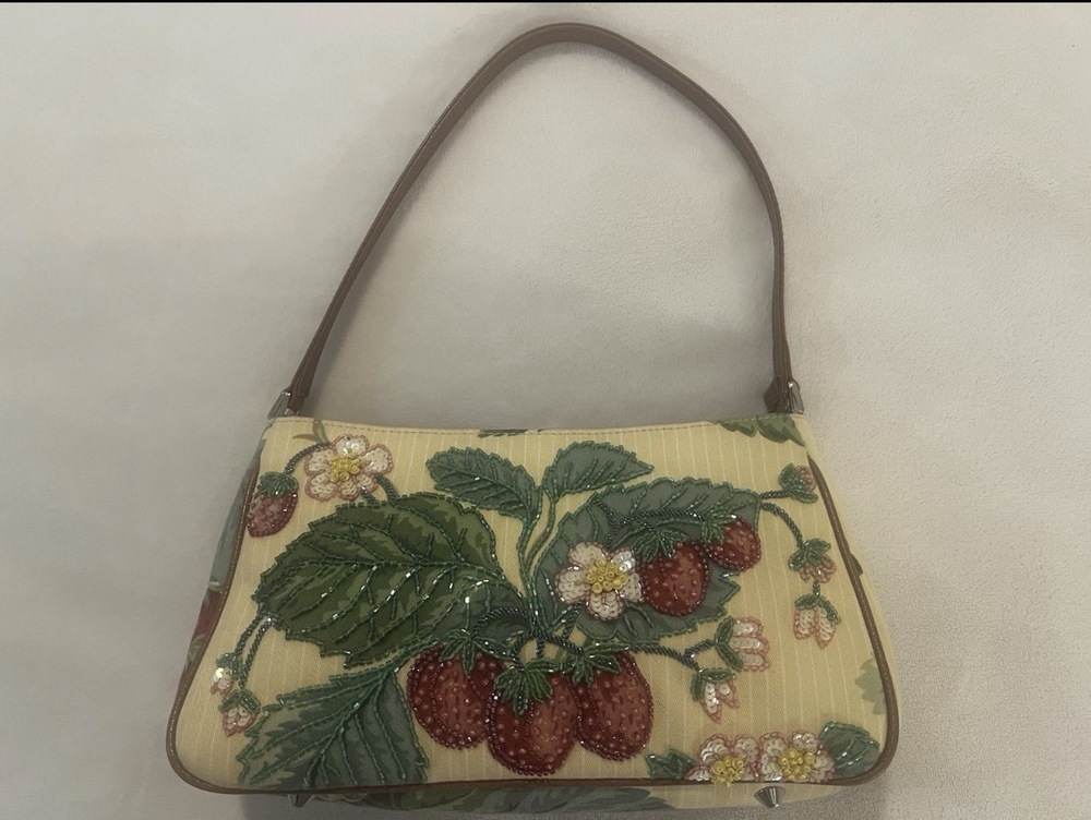 Isabella Fiore Yellow Shoulder Bag with Red Strawberry Beadwork and Brown Strap